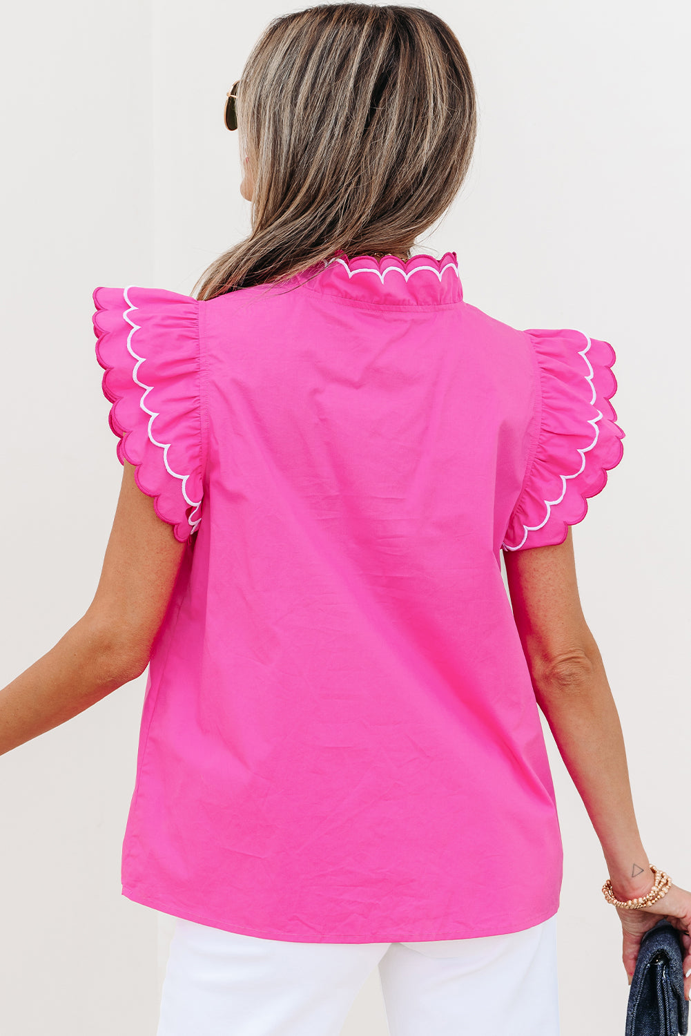 Trim Contrast Scallop Layered Short-Sleeved V-Neck Blouse