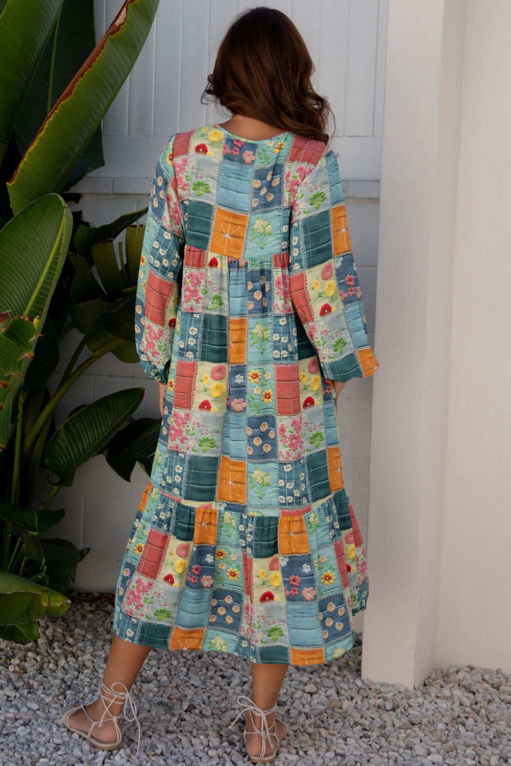 Checkered Mix Floral Pattern Bubble Sleeve Ruffle Hem Dress