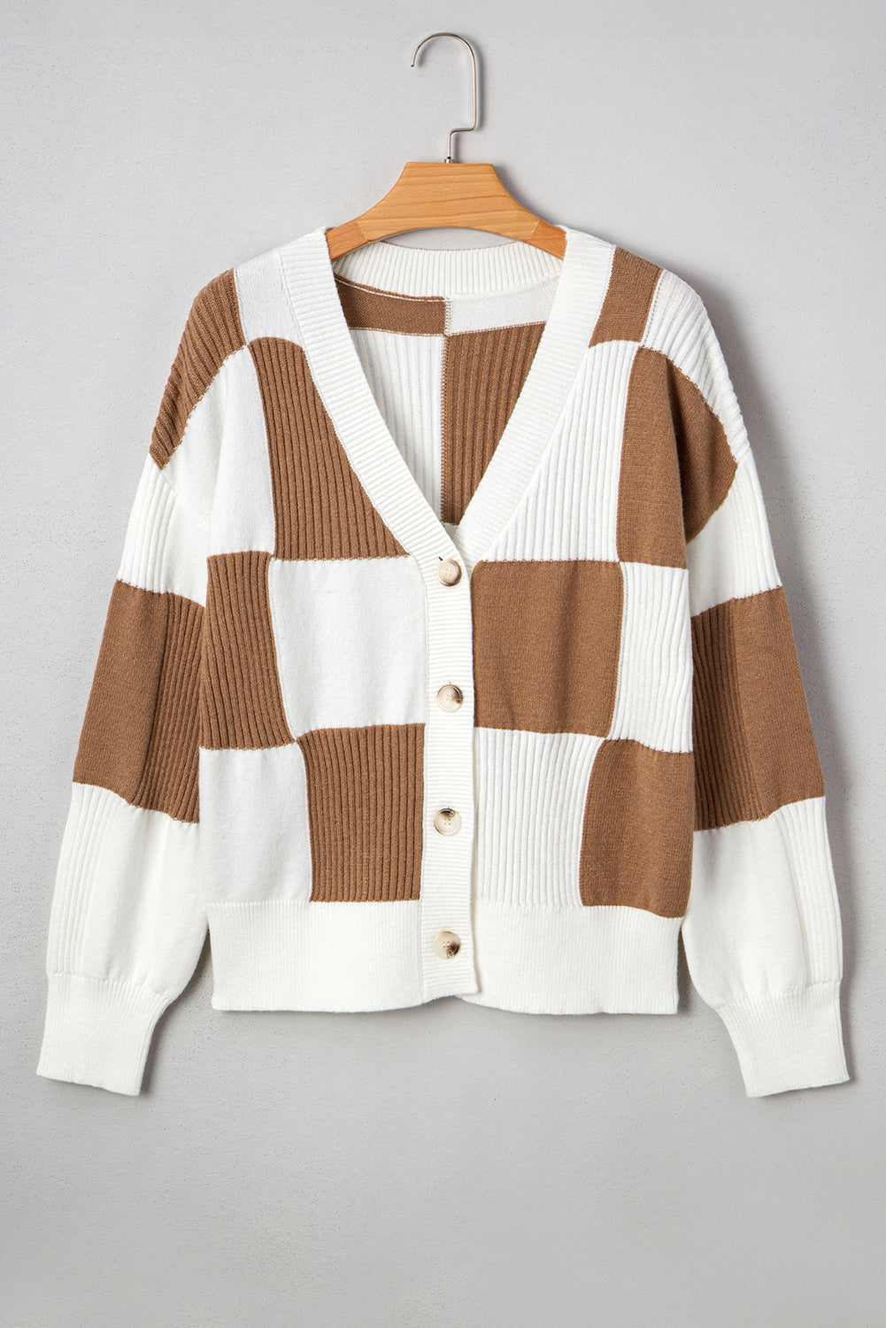 Pattern Rib-Knit Checkered Rib-Knit Detail Button V-Neck Cardigan Knit Top