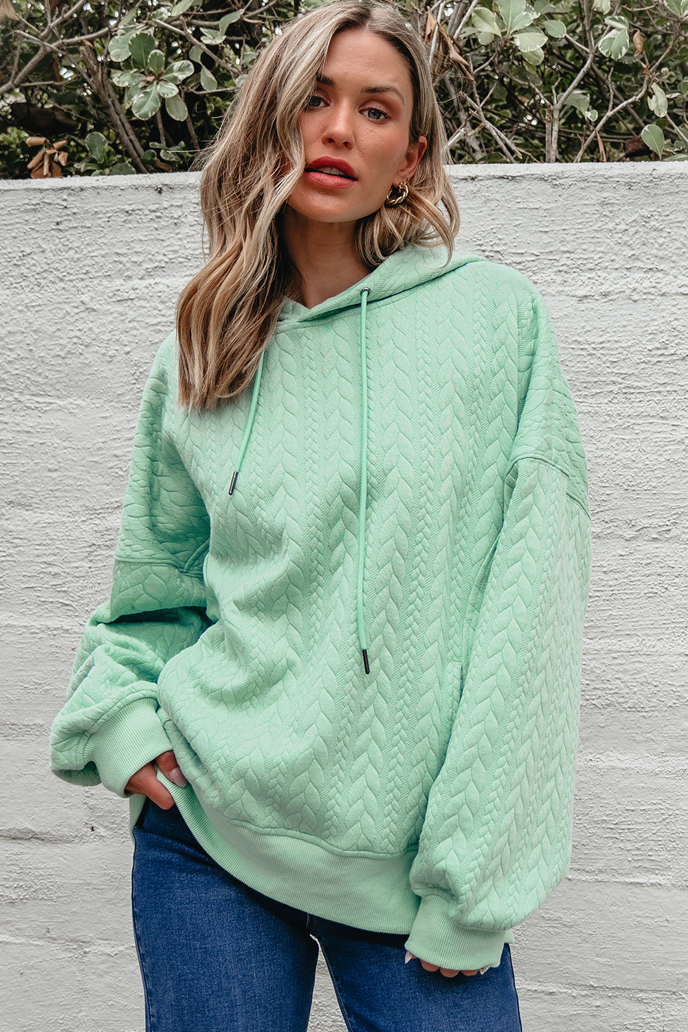 Cable Textured Baggy Solid Hoodie