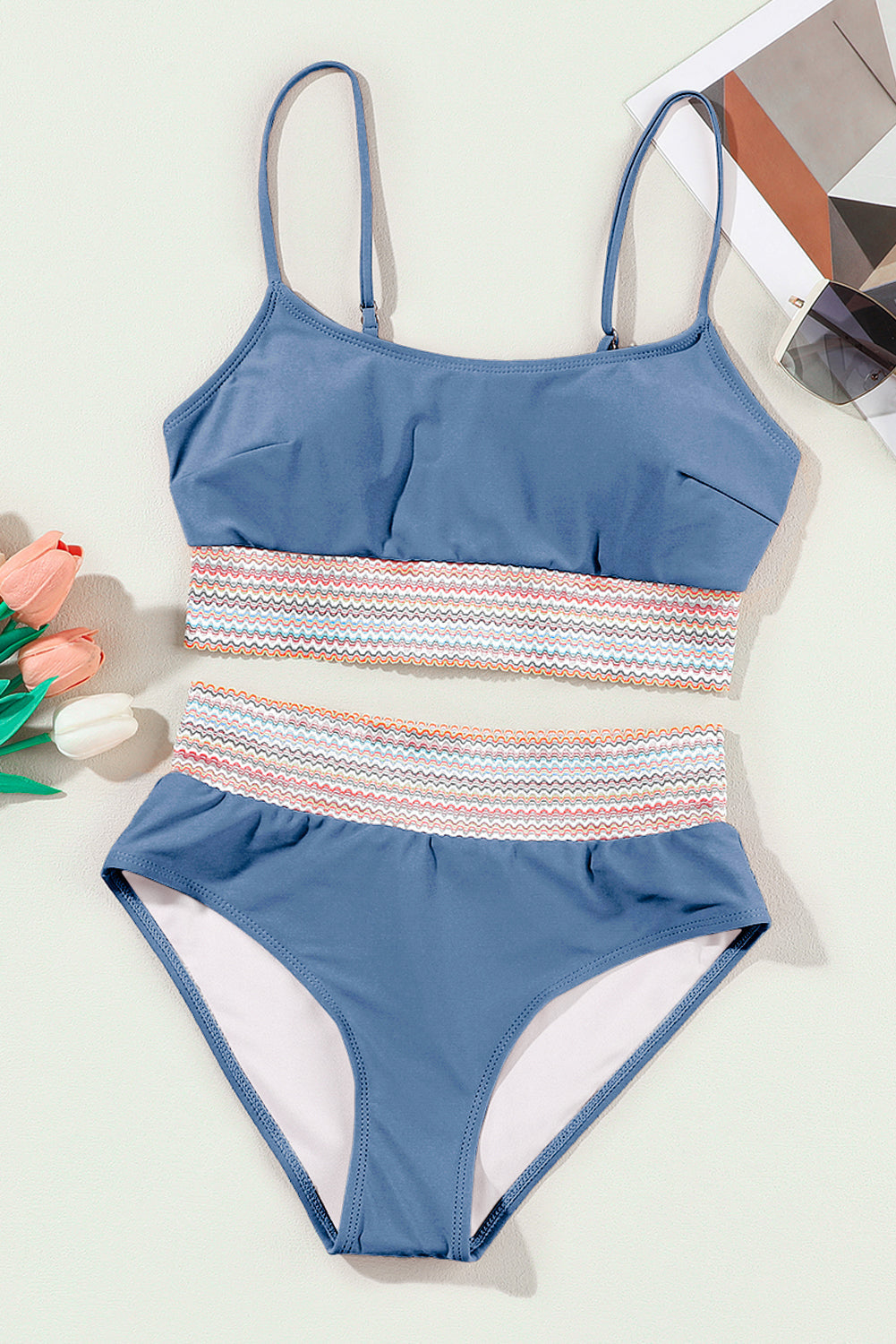 Colorful Dusk Blue Stitch Border Detail 2pcs High-Waisted Bikini Swimsuit