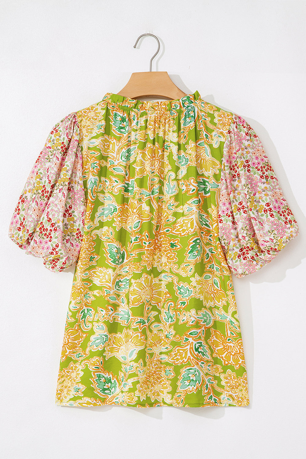 Printed Contrast Bubble Sleeve Patchwork Blouse