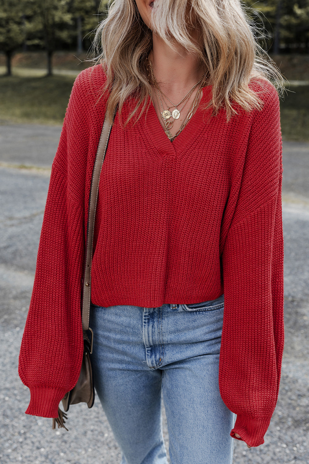 Solid Textured Knit V-Neck Drop-Shoulder Knit Top in Red