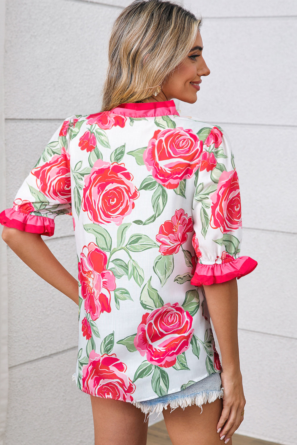 Frilled V-Neck Floral V-Neck Short-Sleeved Blouse Top