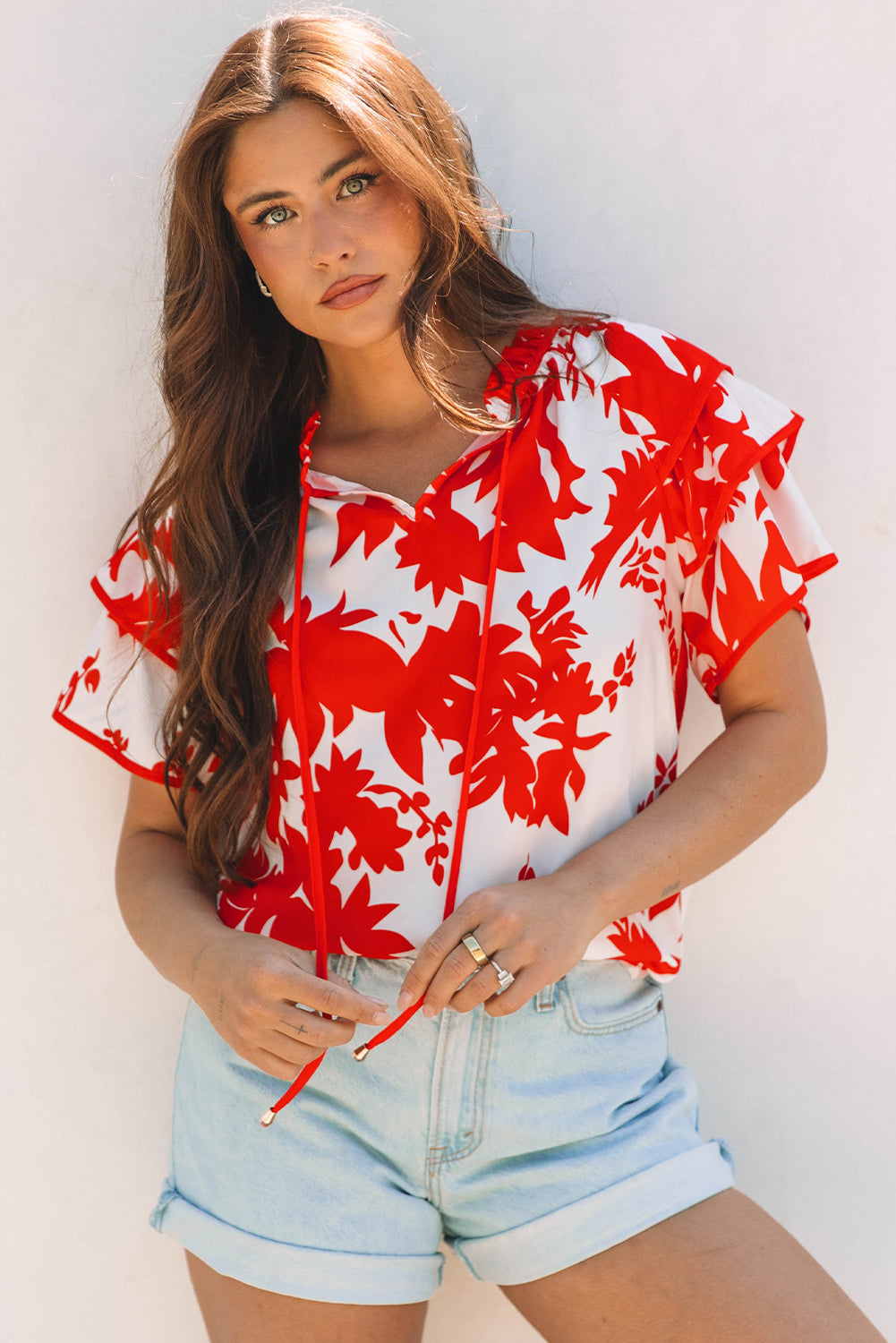 Plant Print Tiered Ruffled Sleeve V Neck Blouse