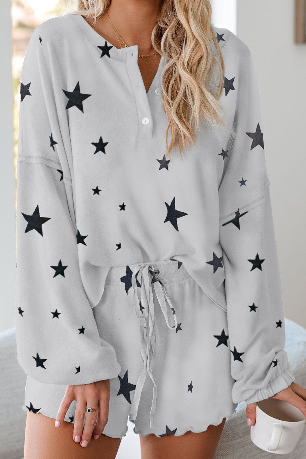 Women's Set with White Star Print Knitted Long-Sleeve Short Pajamas