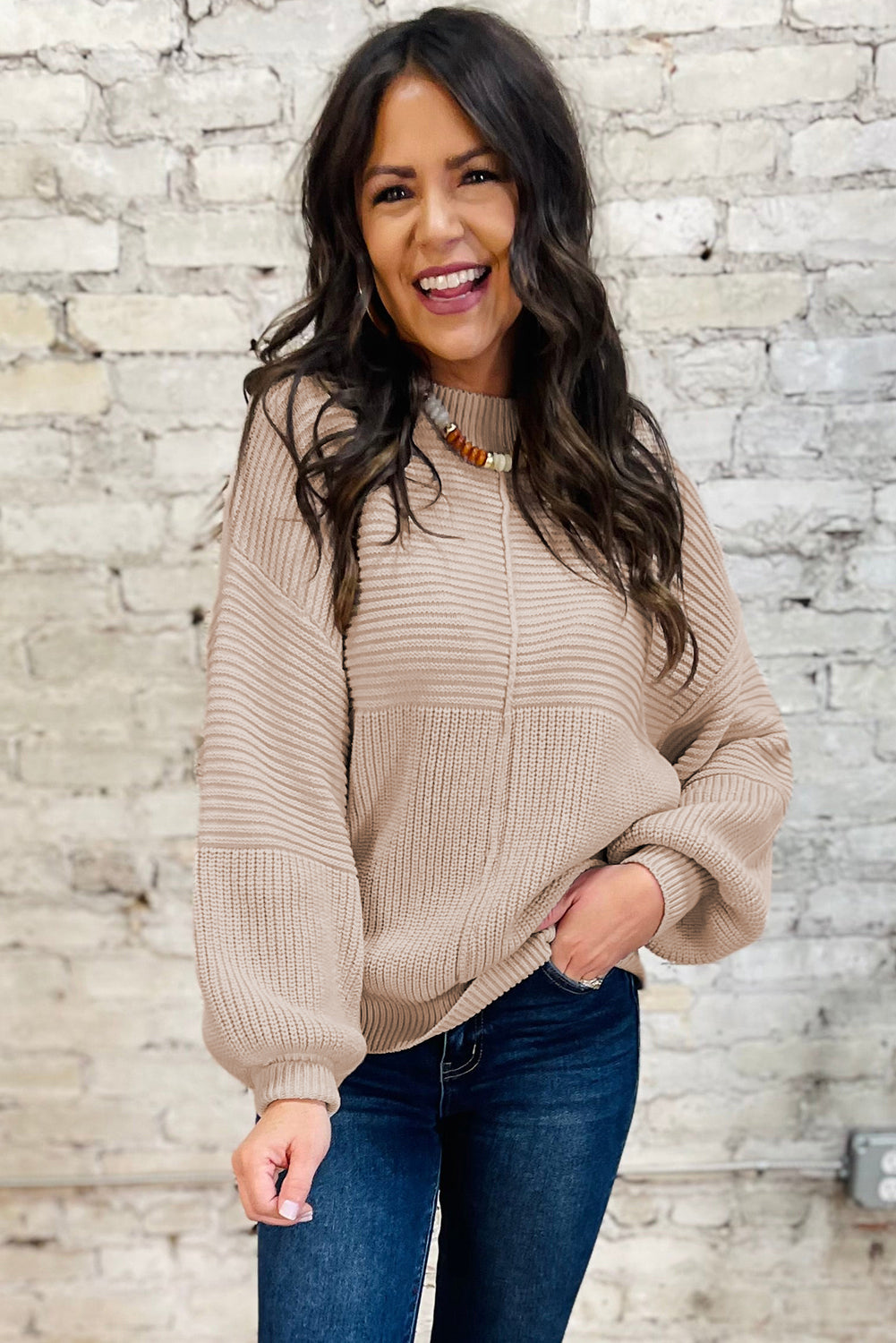 Texture Patchwork Mixed Patchwork Knit Puff Sleeve Knit Top