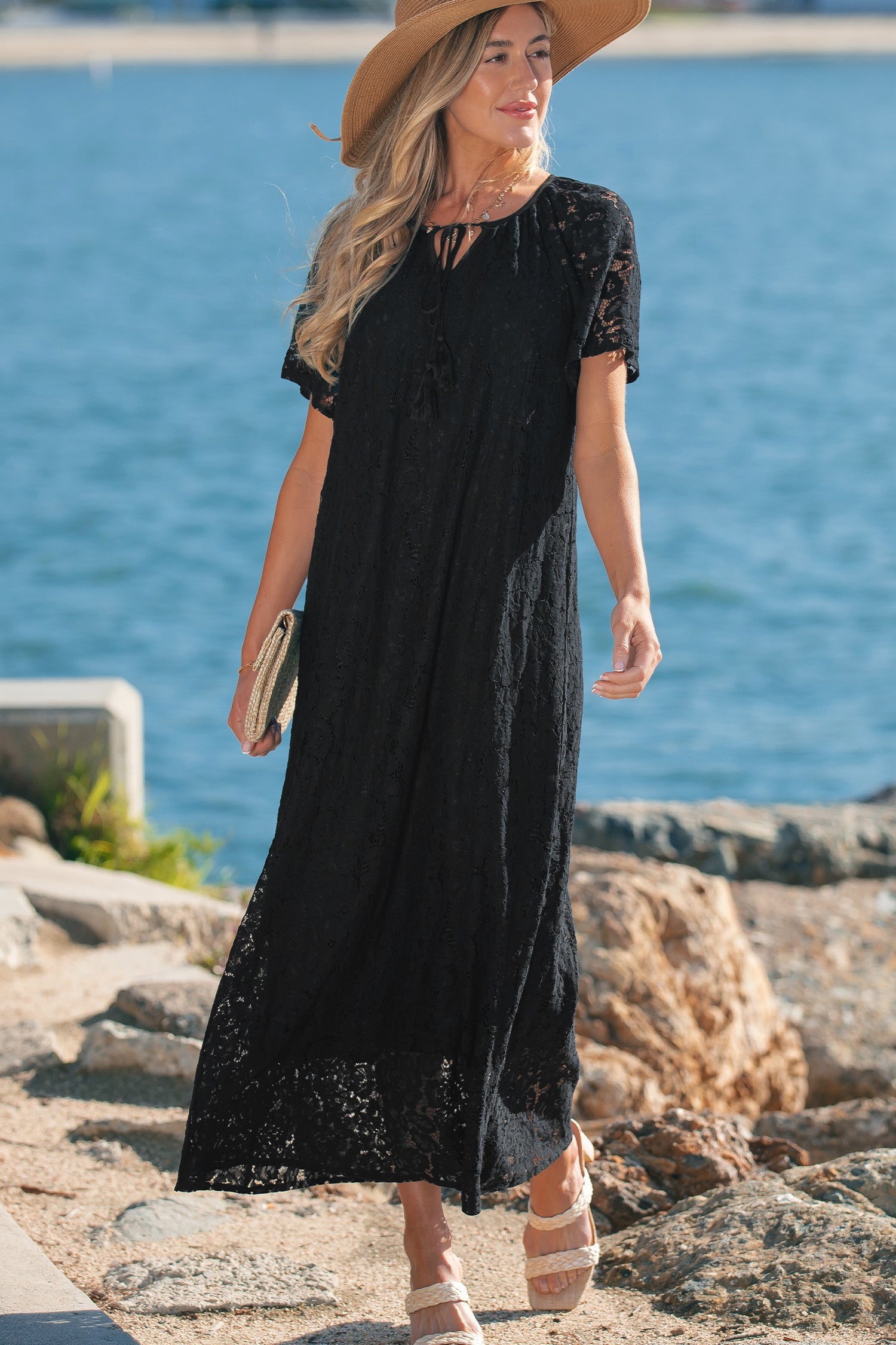 Lace Tie Overlay Tassel Short-Sleeved Beach Vacation Loose Maxi Dress in Black
