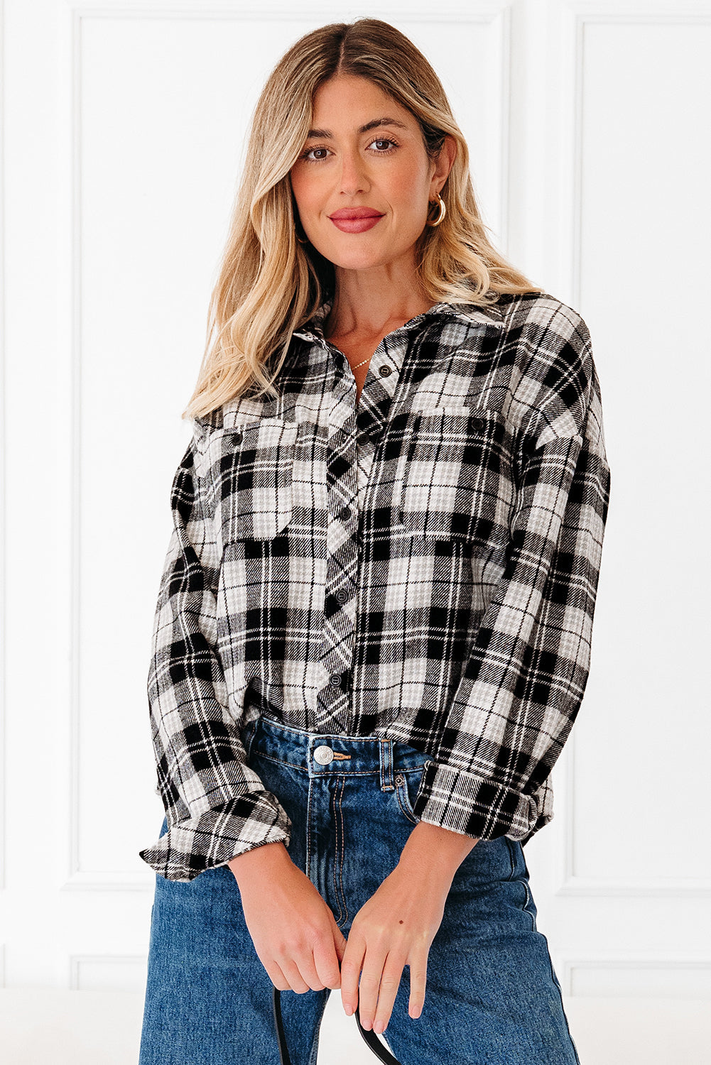 Chest Plaid Print Pockets Button-Front Shirt