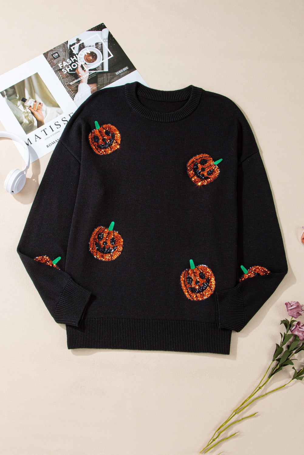 Pull d'Halloween à Motif de Citrouille à Paillettes de Grande Taille