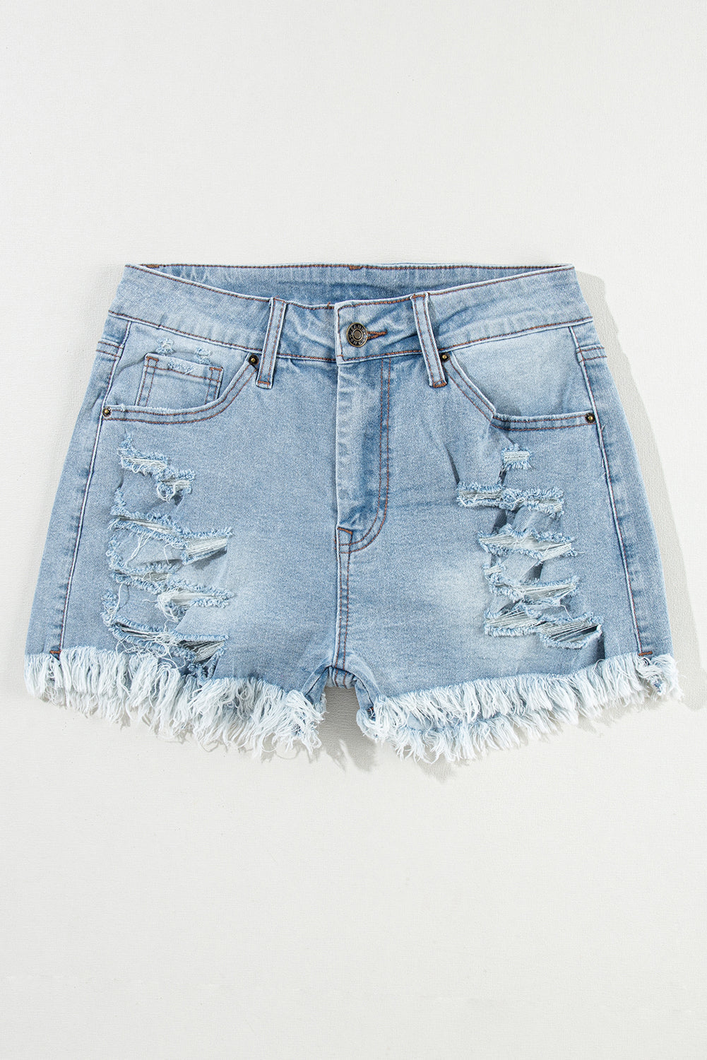 Raw Distressed Ripped Hem High-Waisted Denim Shorts in Light Blue