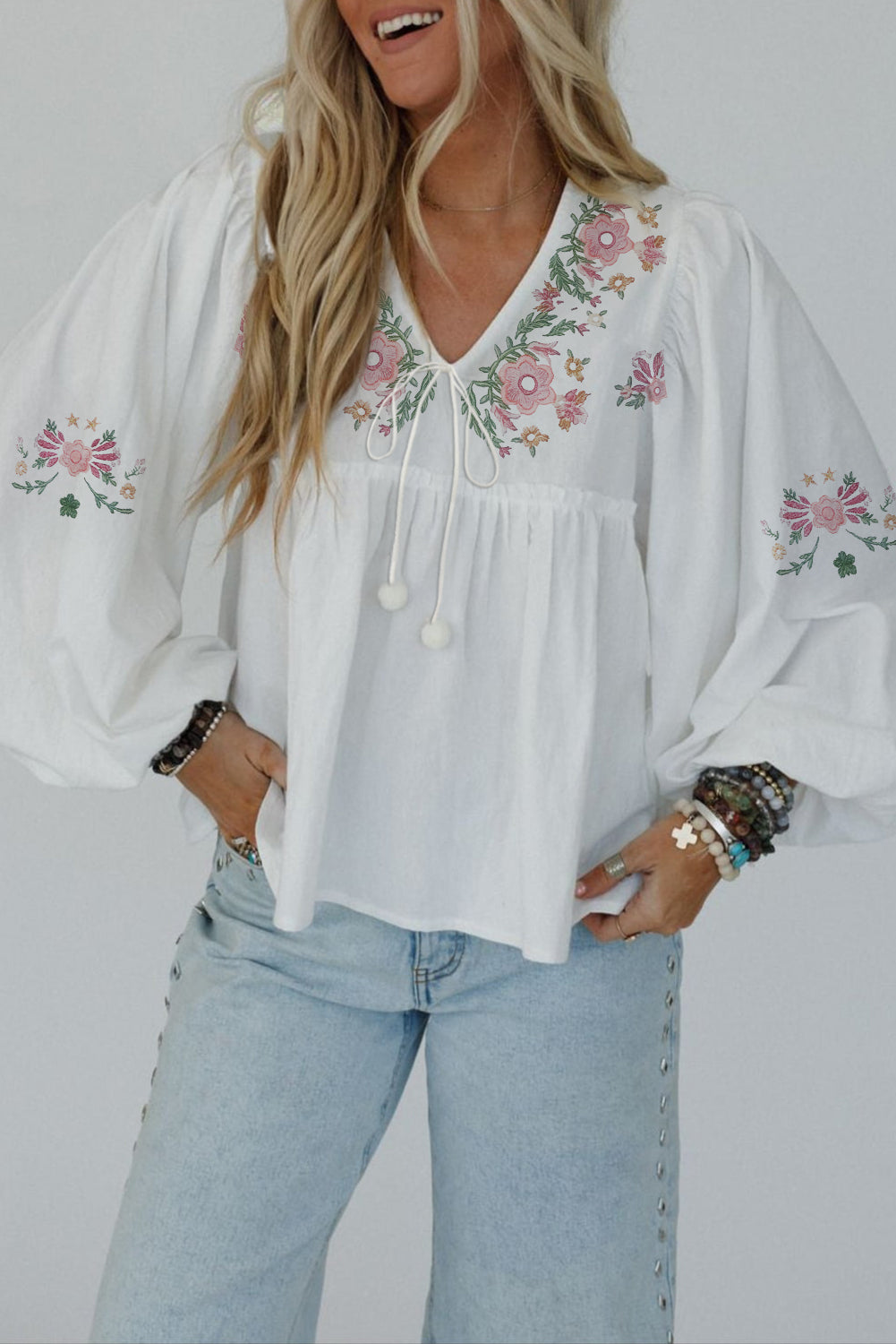 Lace-up Flower Print V-Neck Babydoll Blouse