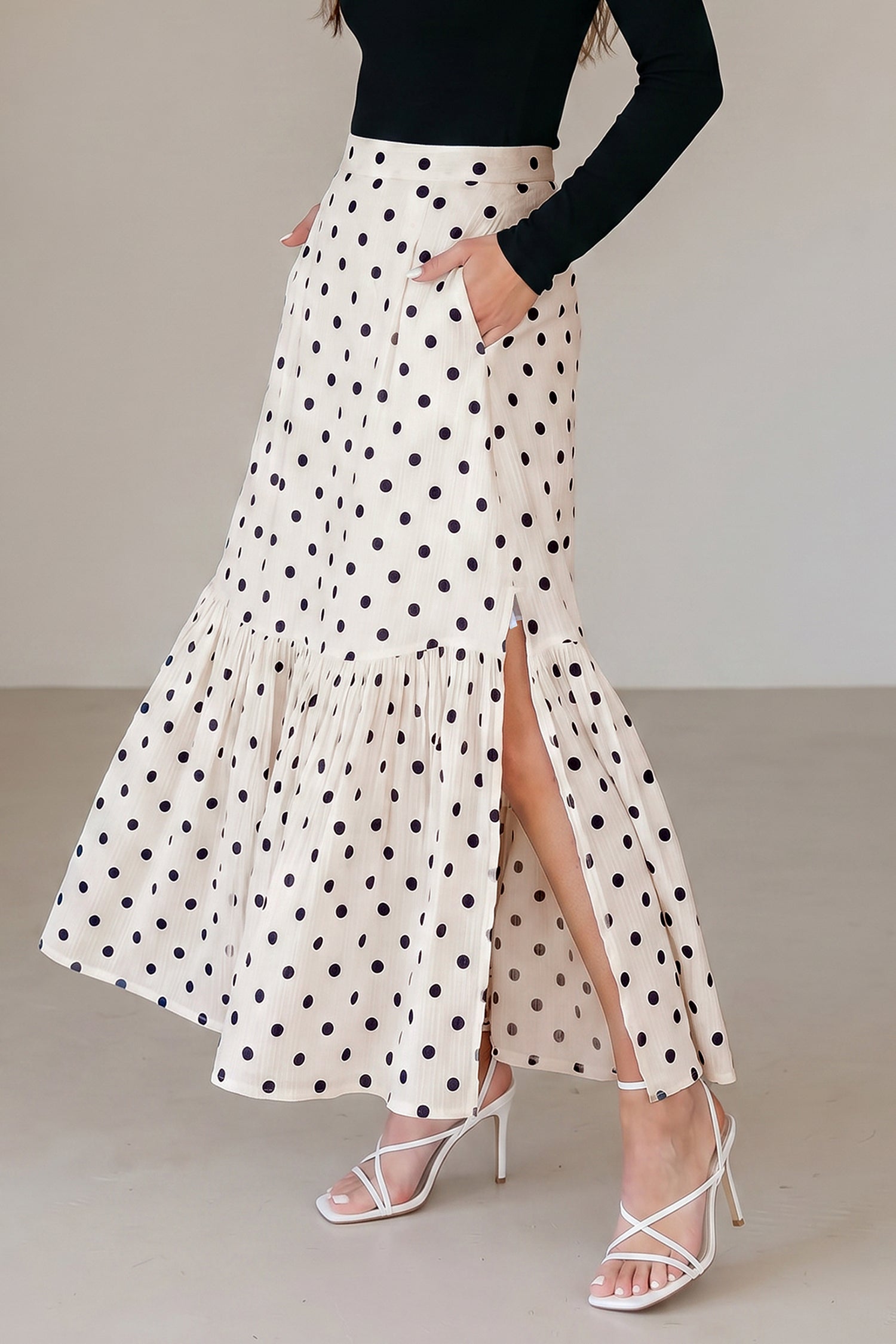Polka-Dot Maxi Ruffled Slit Skirt in White