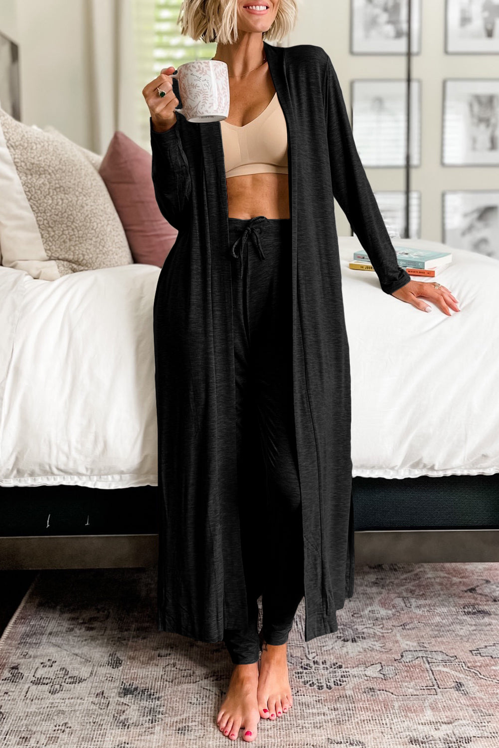 Long Cardigan Split Cardigan and Skinny Pants Lounge Set