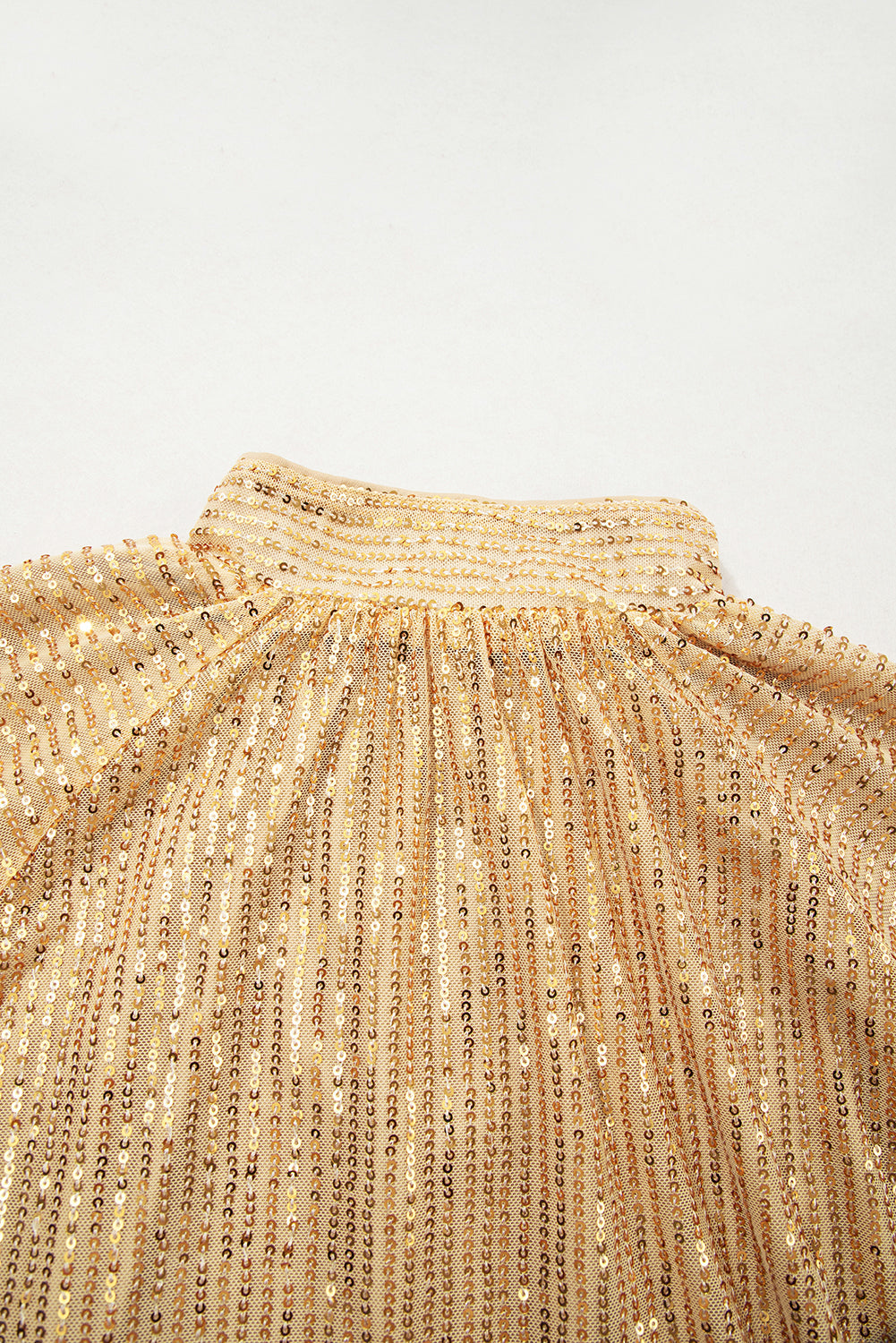 Sleeve Metallic Balloon Button-Front High Neck Loose Blouse