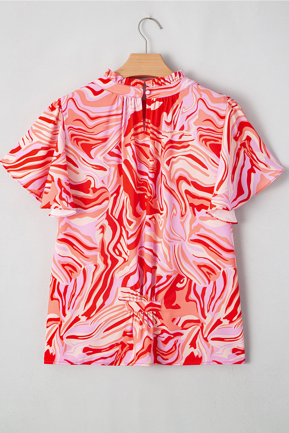 Print Ruffled Abstract Ruffled Short-Sleeved Mock-Neck Blouse