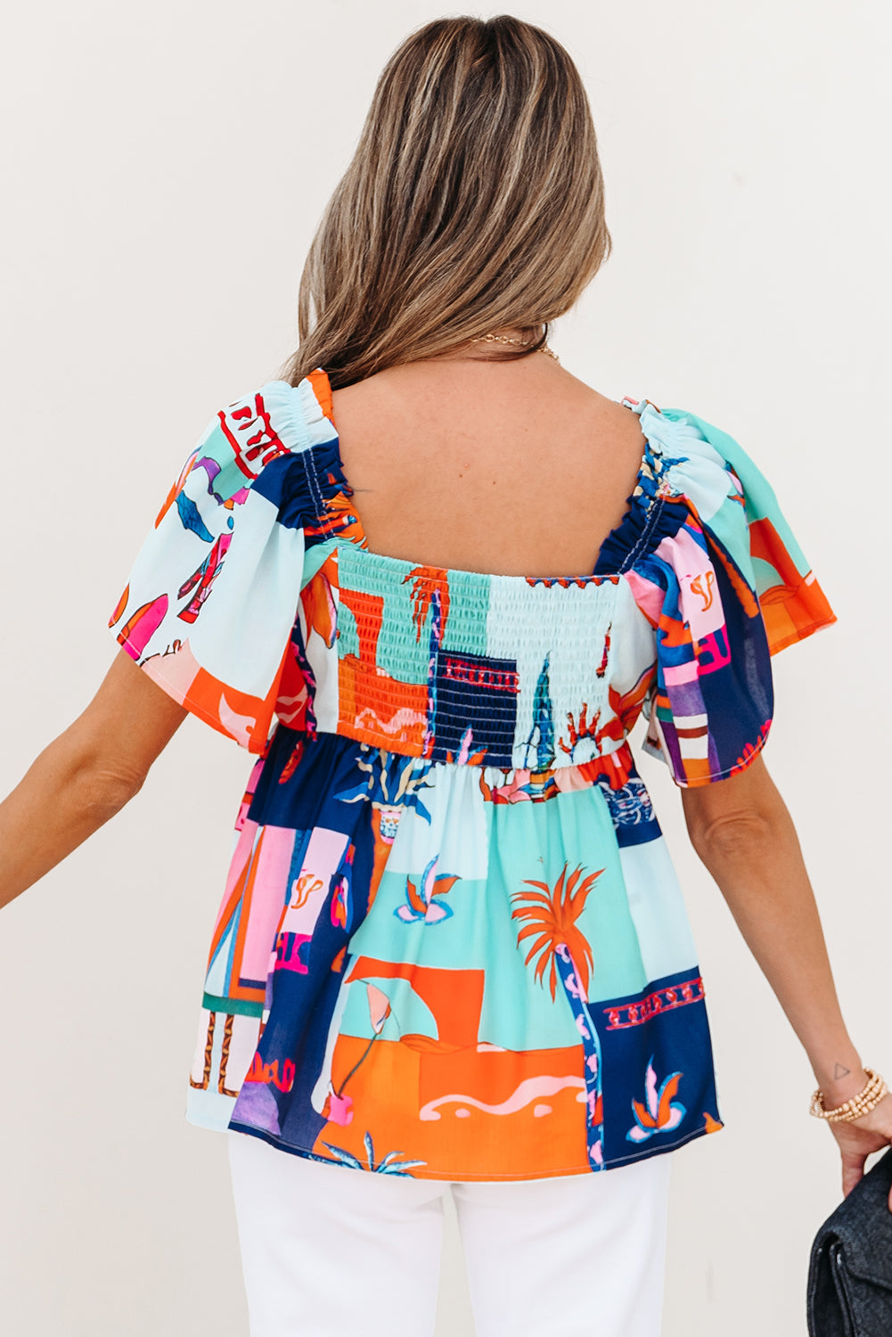 Square Tropical Printed Neck Flutter Sleeve Babydoll Blouse