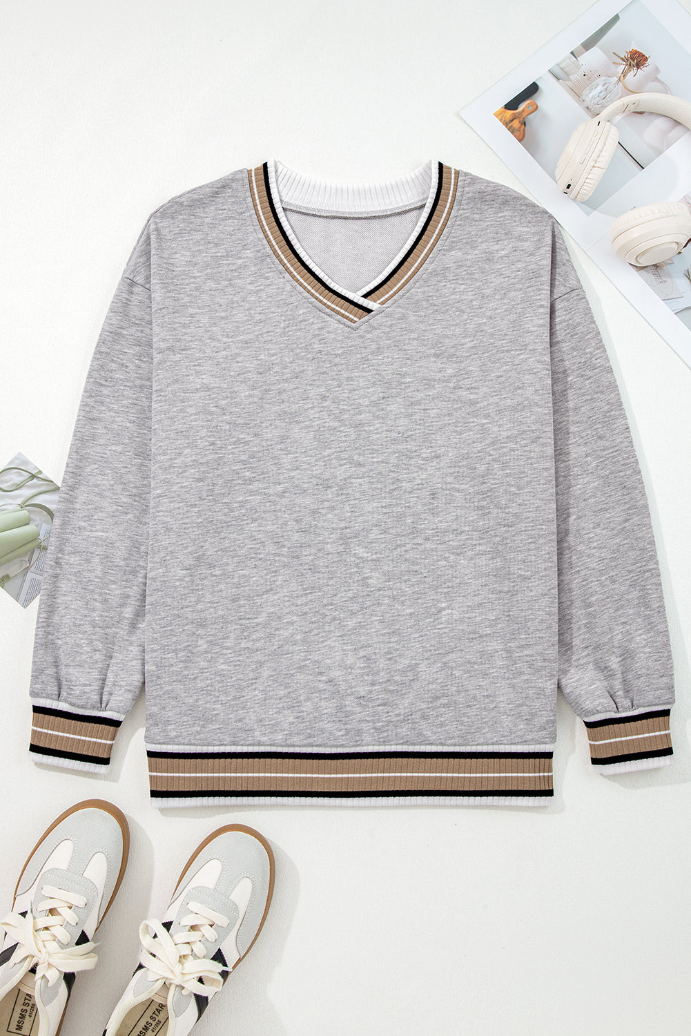 Varsity Trim Contrast Striped V-Neck Sweatshirt