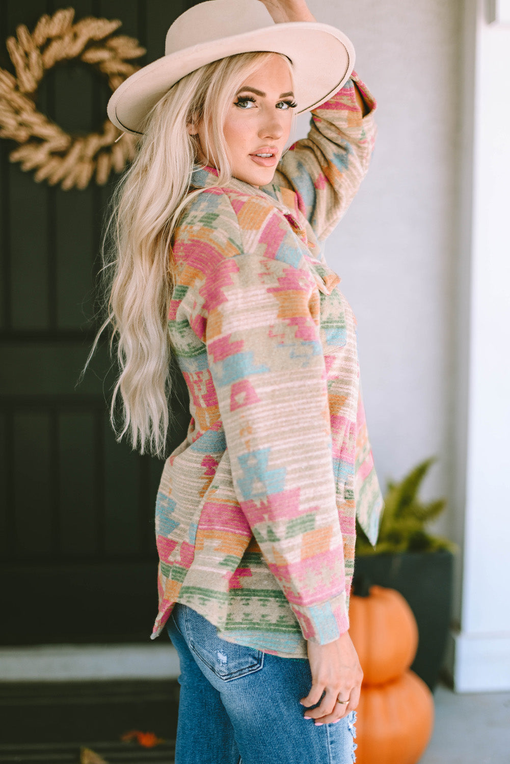 Women's Shacket Featuring Pink Western Aztec-Pattern Button Flap Pocket