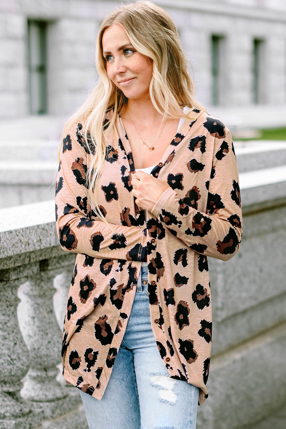 Women's Cardigan with Open Front Leopard-Print Printed