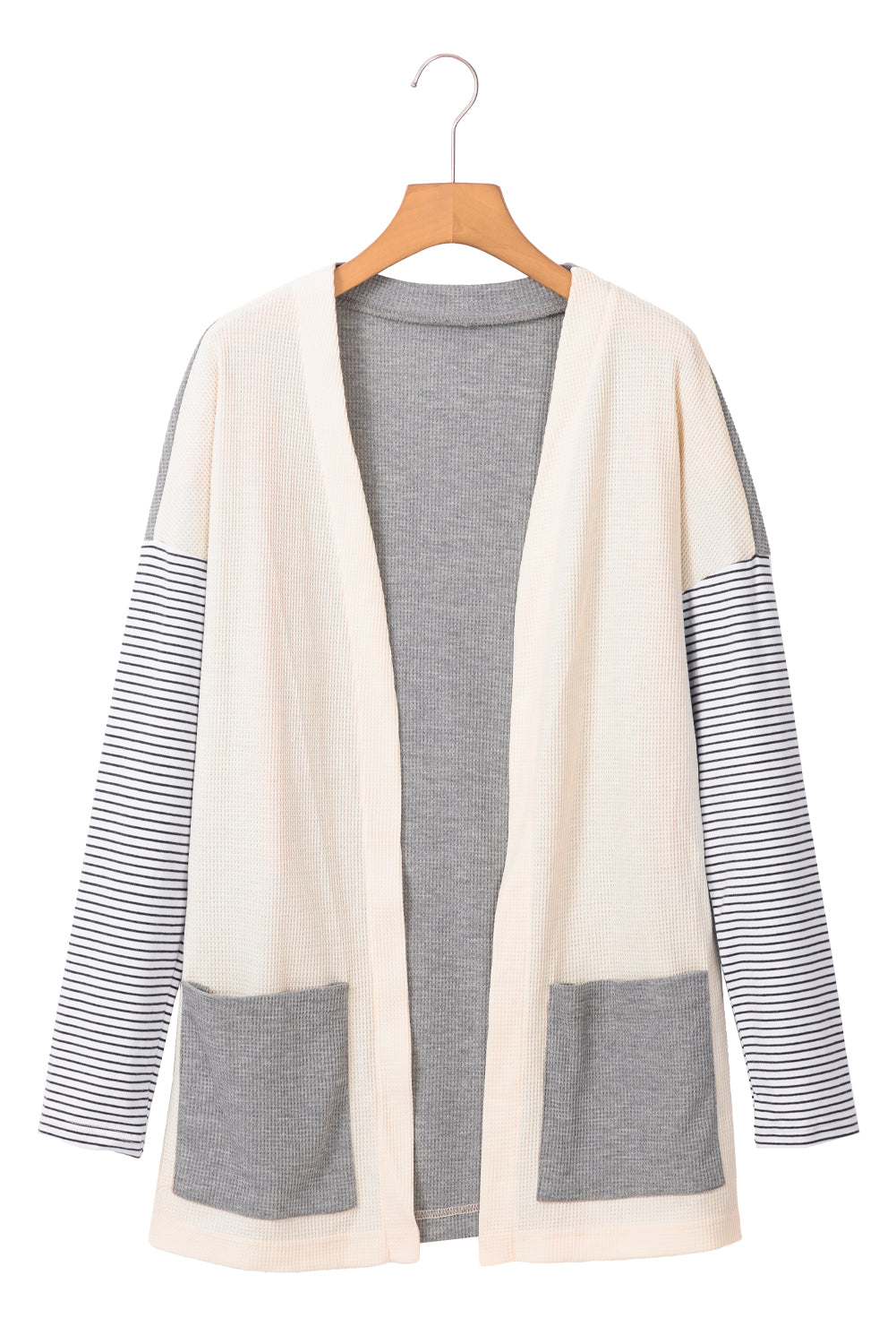 Patchwork Stripe Colorblock Open-Front Cardigan Featuring a Pocket in Black