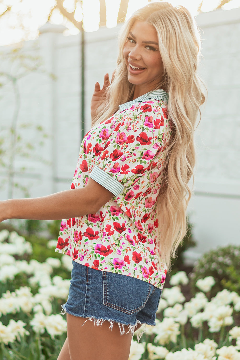 Floral-Print Collared Striped Patchwork Short-Sleeved Blouse