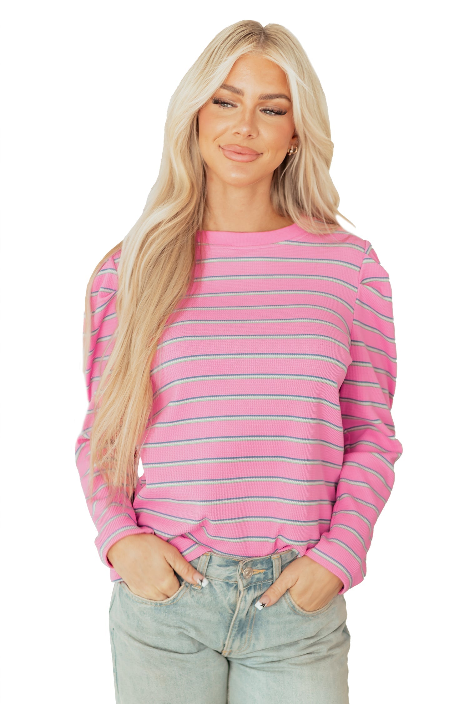 Textured Knit Round-Neck Long-Sleeved Top