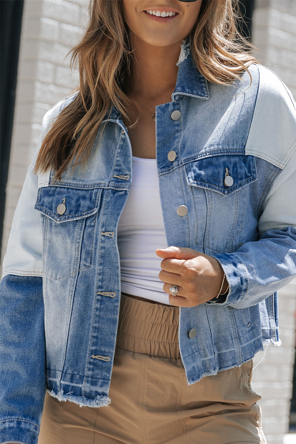 Women's Jacket Featuring Color-Block Denim Patchwork Frayed Hem