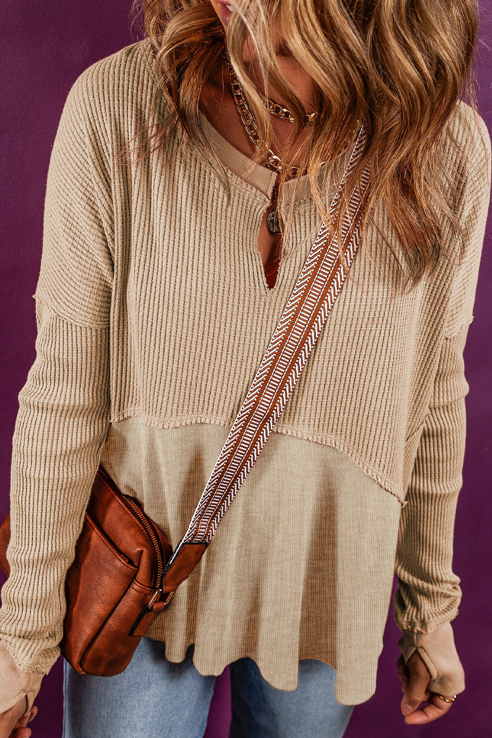 Women's Top with Patchwork Exposed Waffle Knitted