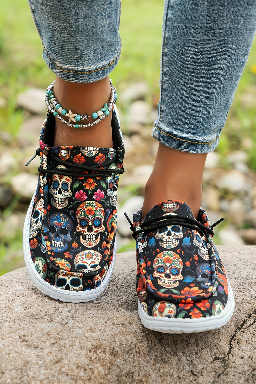 Sugar Lace-up Skull Print Detail Halloween Flat Shoes