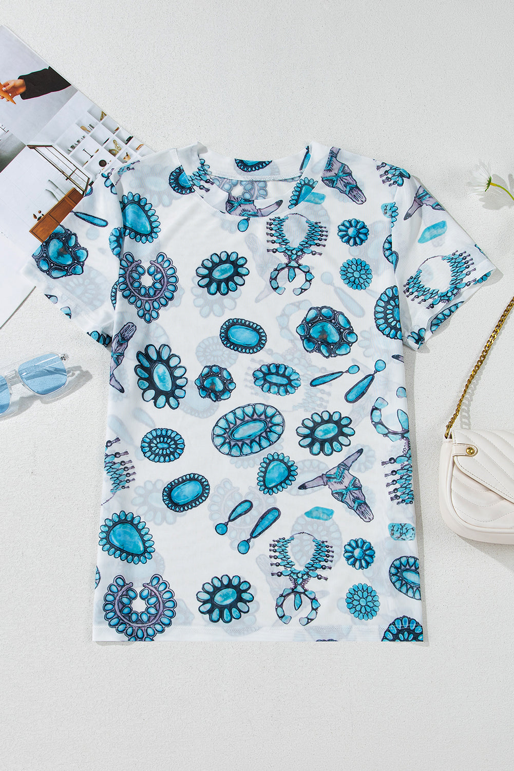 Western Turquoise Printed Slim Fit Tee