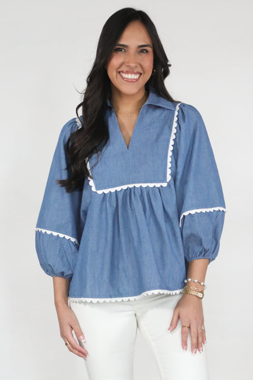 Ric Rac Lace Rac 3/4 Puff Sleeve Collared Babydoll Blouse