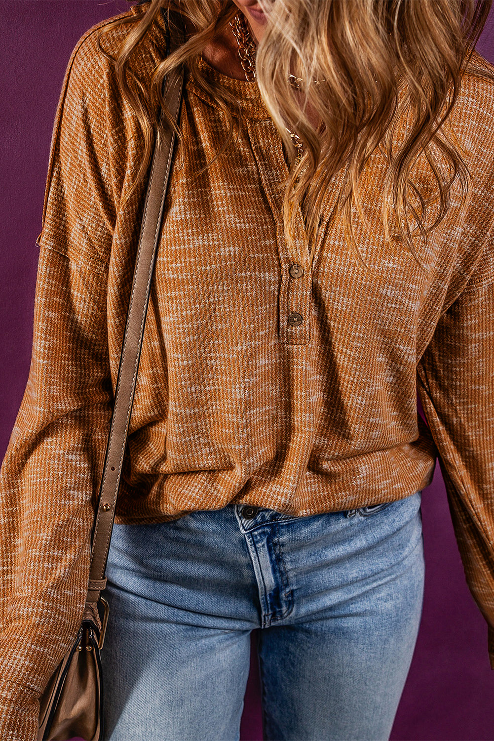 Henley Top for Women Dropped-Shoulder Long-Sleeve