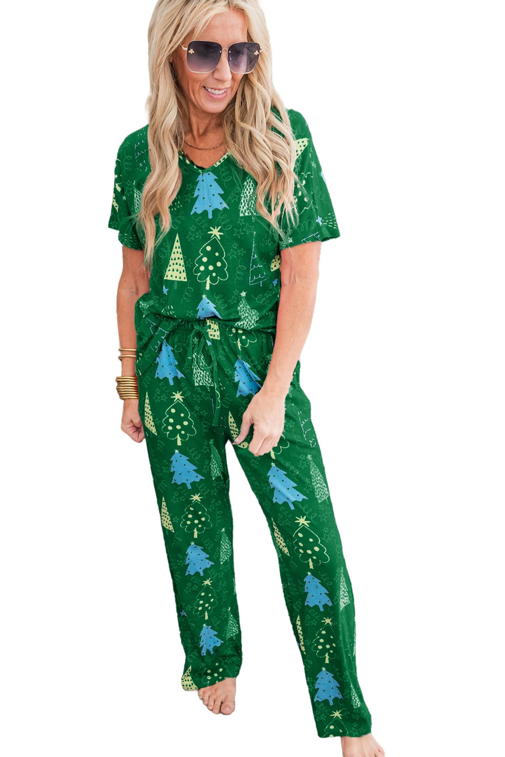 Tree Print Christmas Print V-Neck Tee and Pants Lounge Set