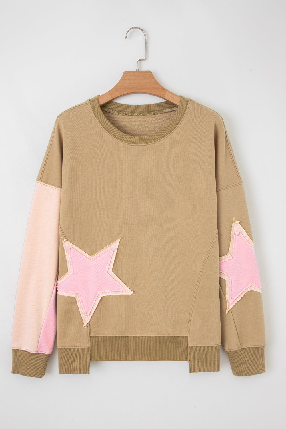 Patchwork Contrast Star Exposed Seam Uneven Hem Drop-Shoulder Sweatshirt