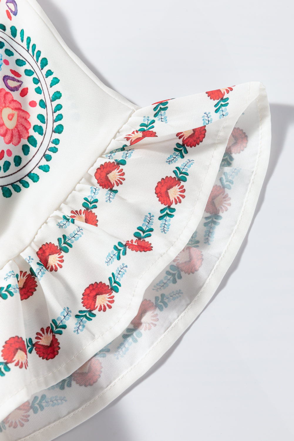 Boho Floral Print Round Neck Ruffle Trim Blouse
