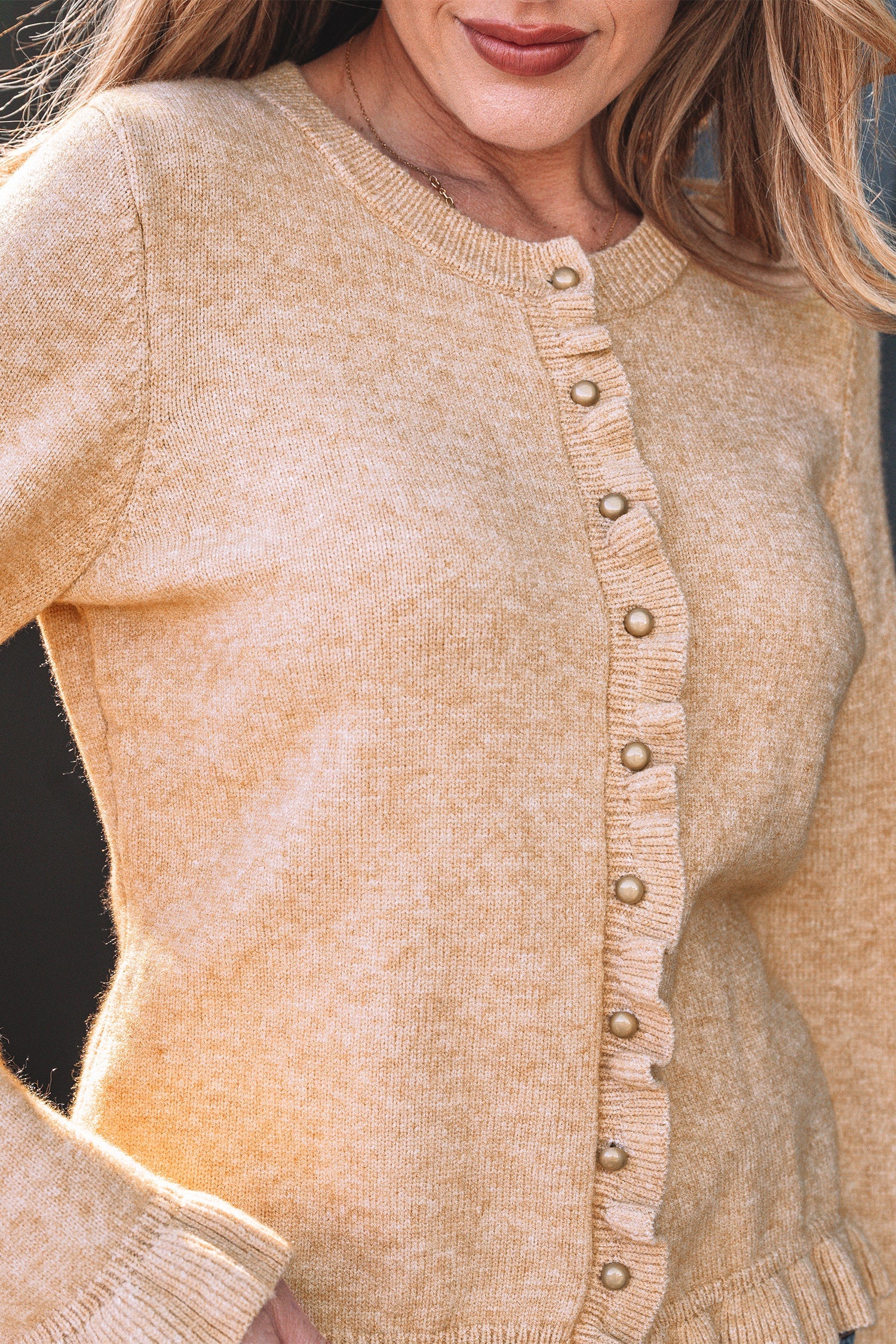Gold Ruffle Trim Button Cardigan Knit Top