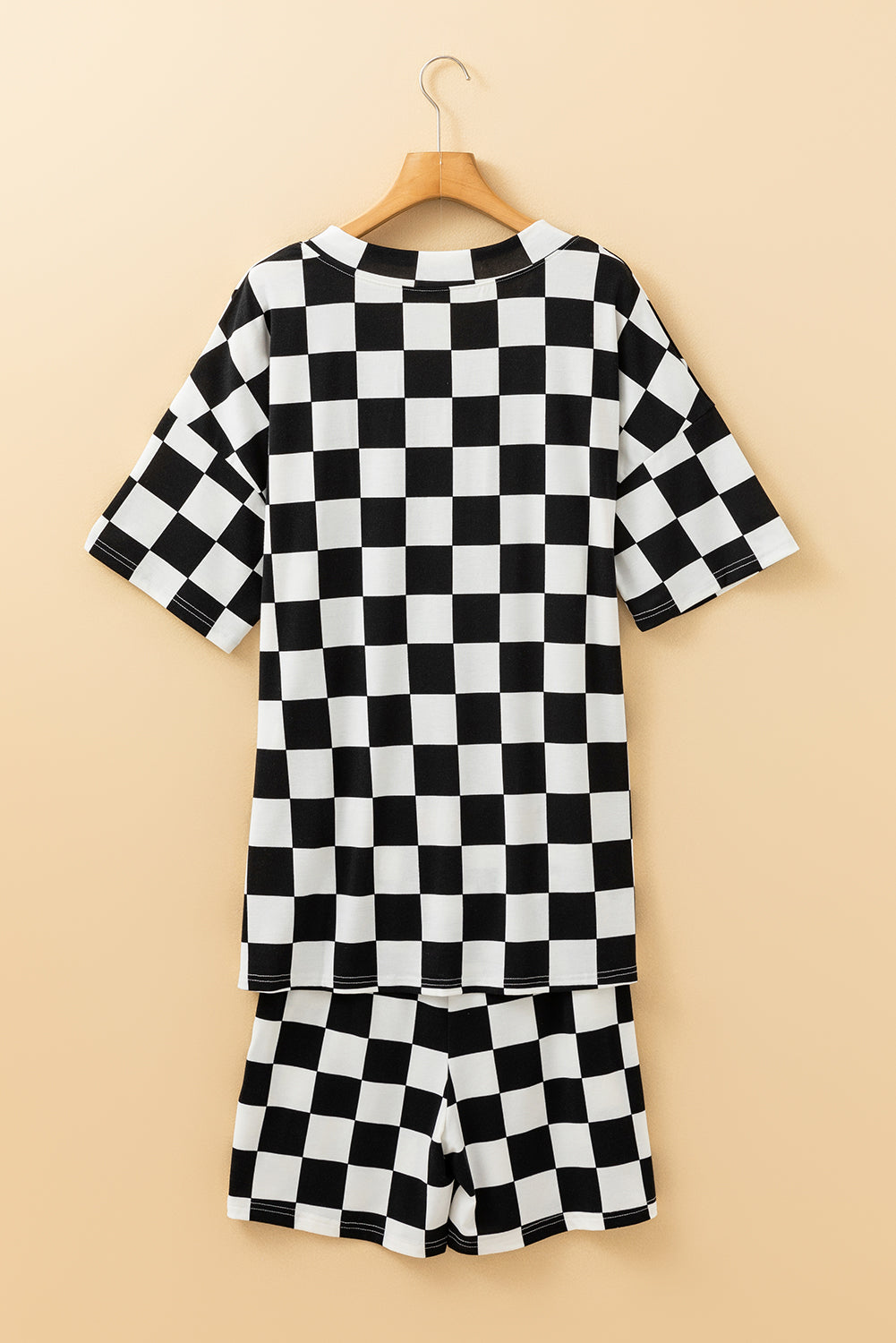 Print V-Neck Checkerboard V-Neck Loose Tee and Shorts Lounge Set