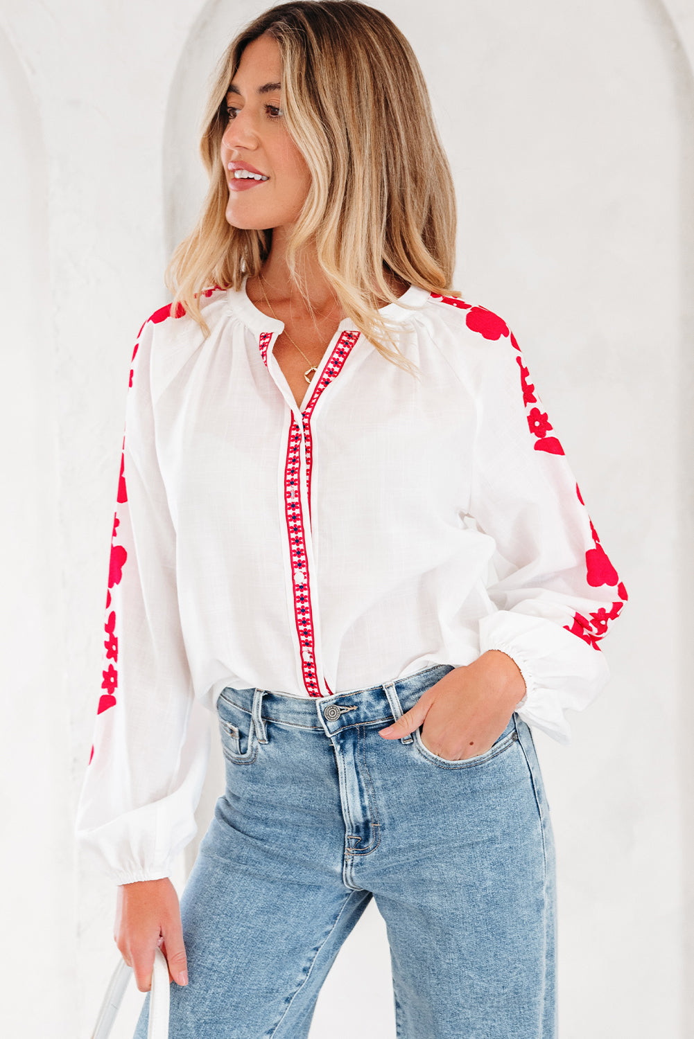 Floral Long-Sleeved Embroidered Puff Everyday Shirt