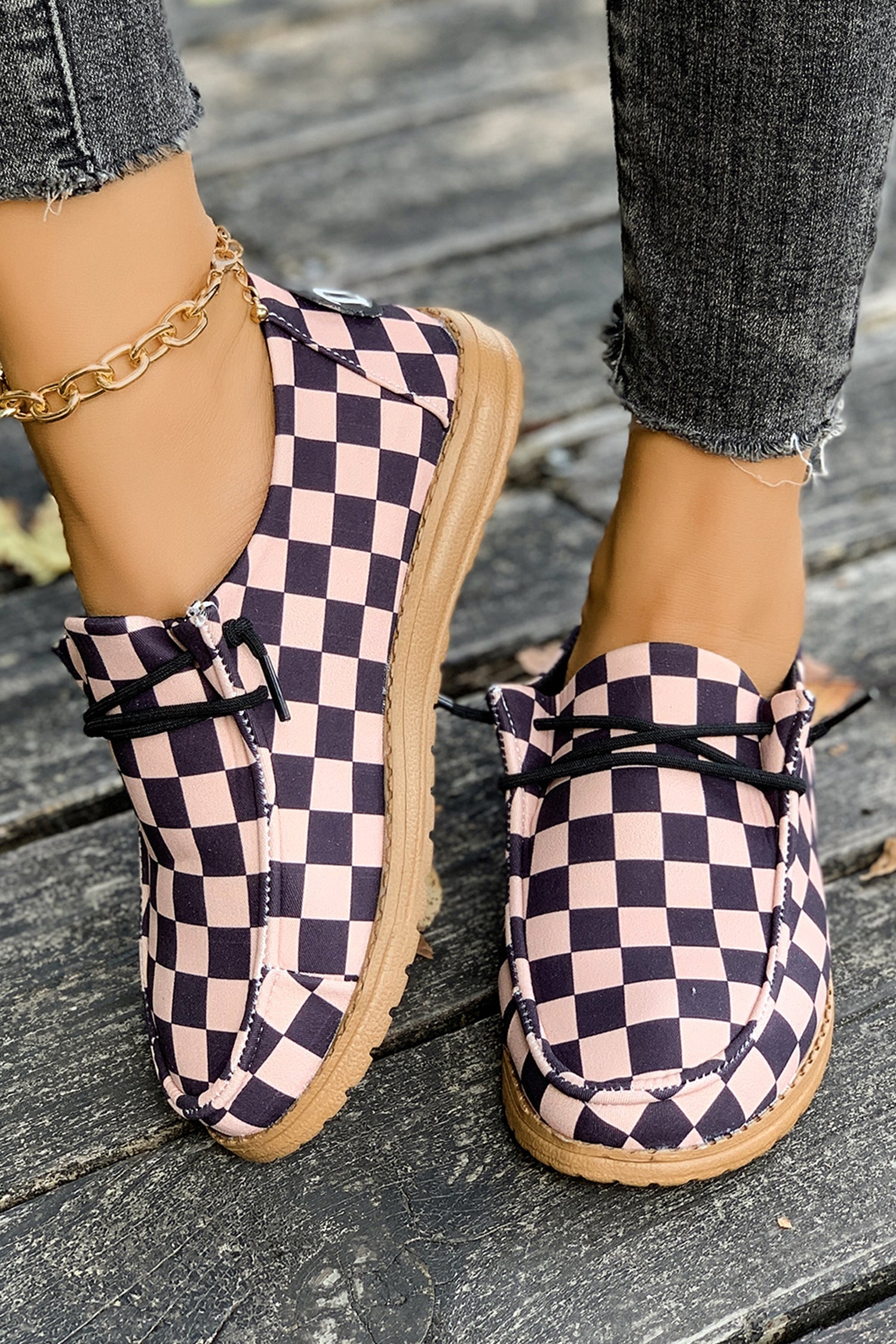 Checkered Leather Print PU Lace Up Detail Flat Shoes
