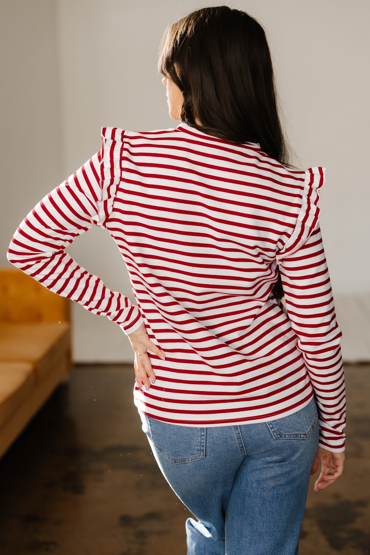 Ruffle Stripe Round-Neck Trim Long-Sleeved Top in Red