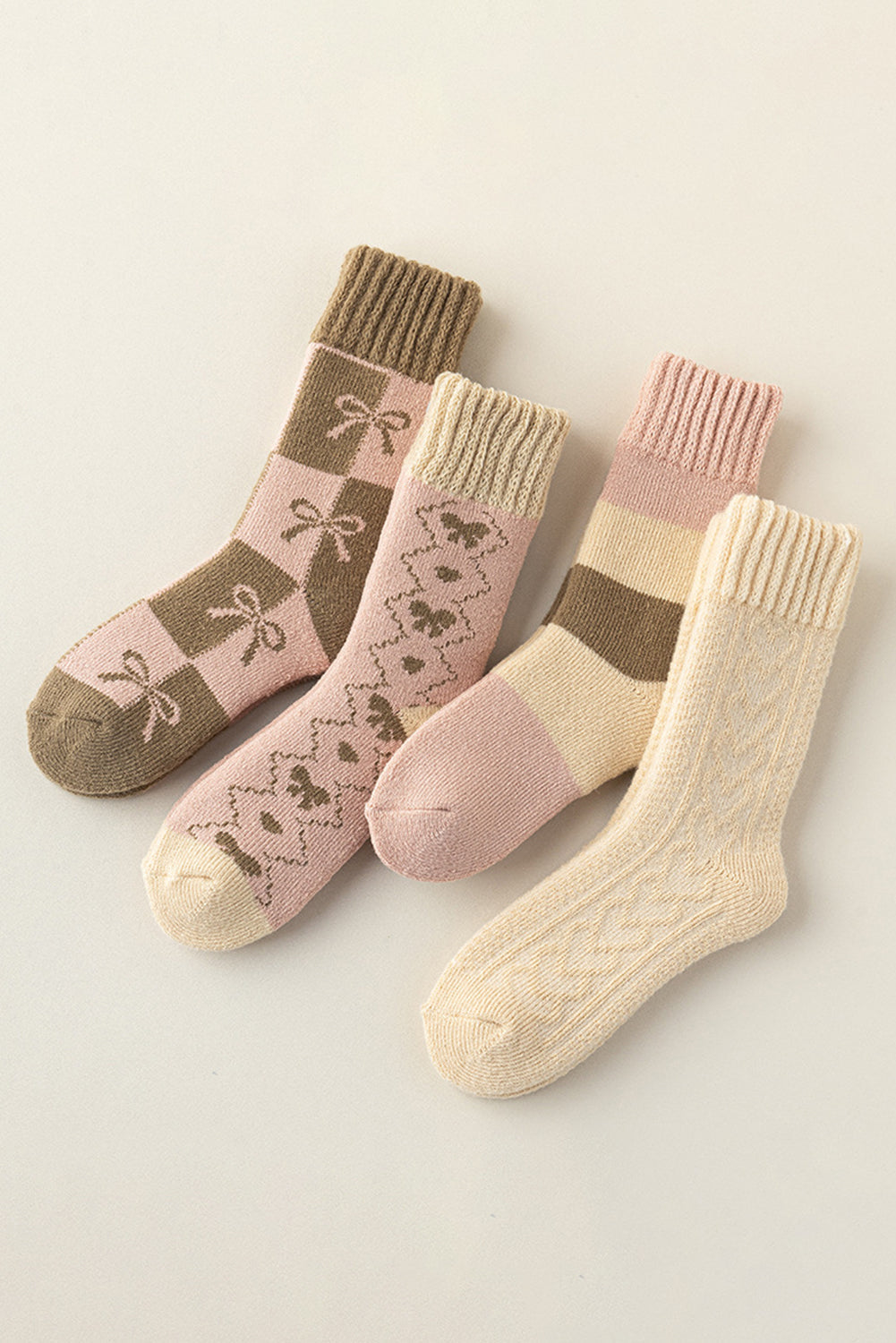 Checkered Bowknot Printed Thermal Mid Calf Socks
