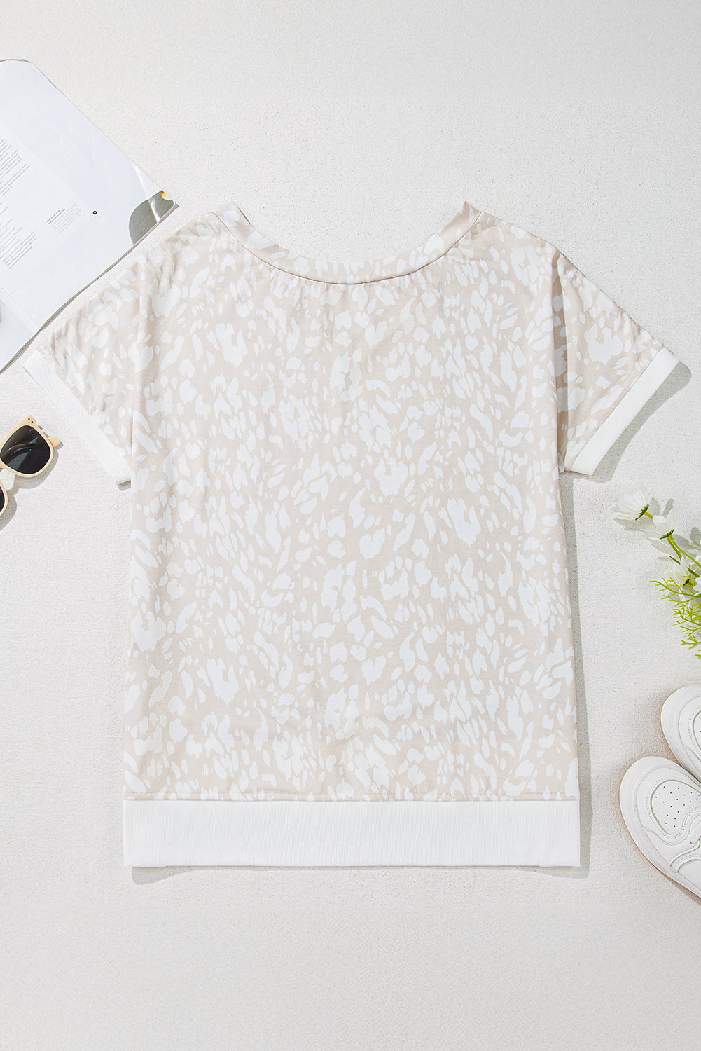 Leopard Print V Neck Side Slit Loose Fit T Shirt