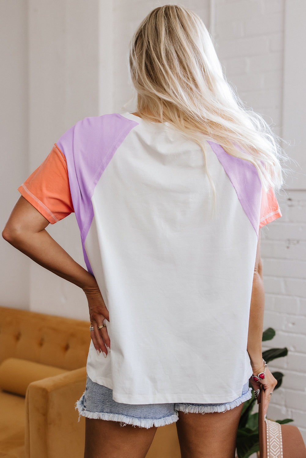 Colorblock Patchwork V Neck Exposed Seam High Low T Shirt