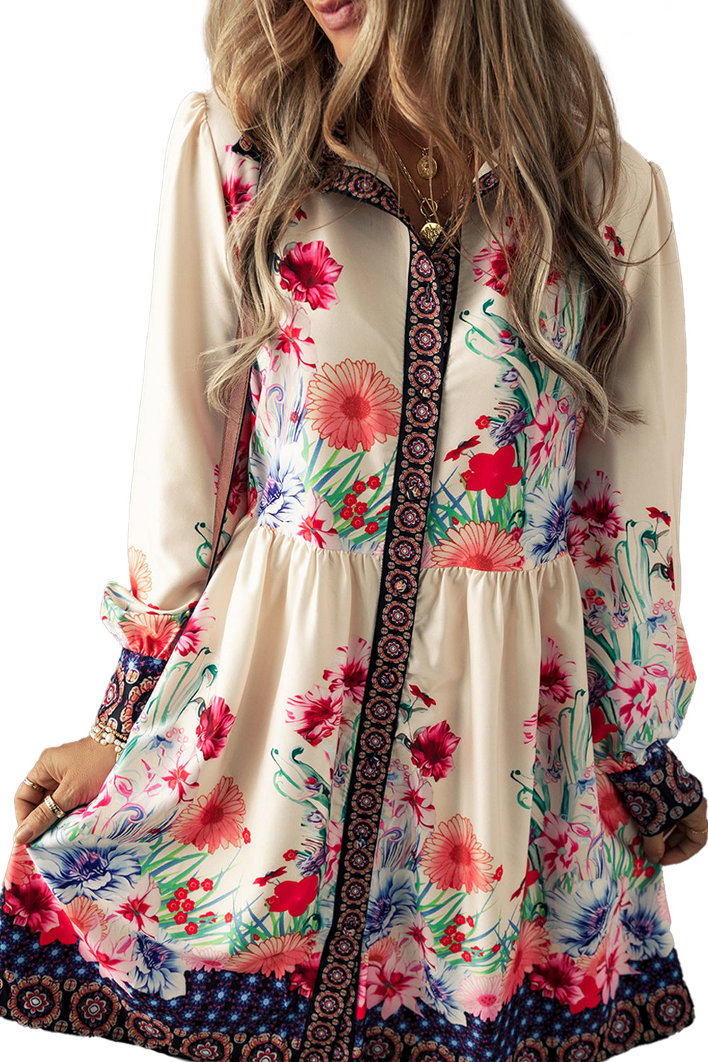 Women's Mini Dress Featuring Floral-Print High-Rise Shirt