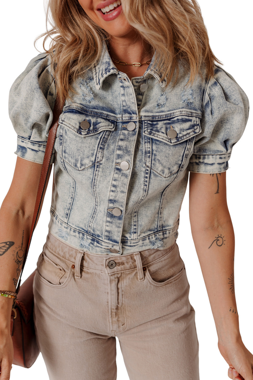 Light Wash Buttoned Chest Pocket Puff Sleeve Denim Jacket