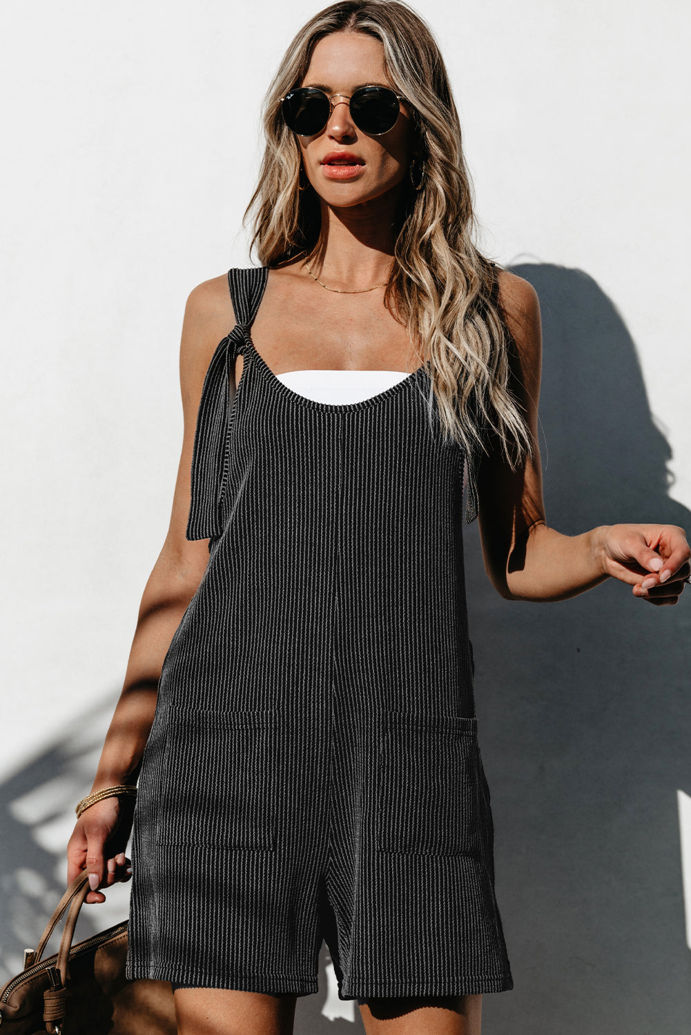 Women's Romper with Striped Knotted Straps Pocket-Detail