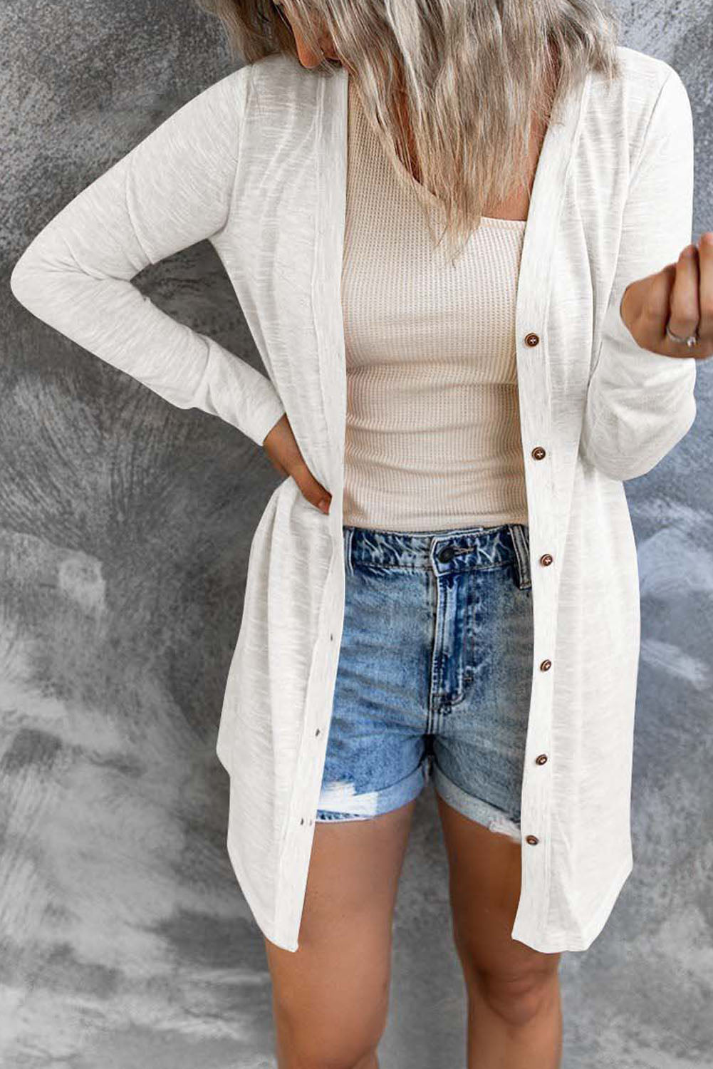 Women's Cardigan Featuring Solid Color Open-Front Buttons White