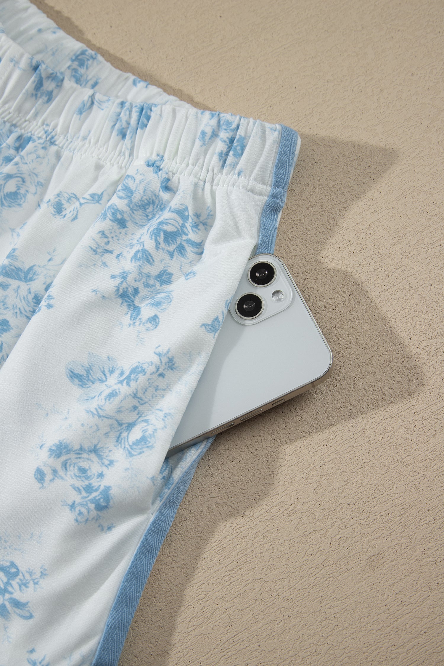 Long-Sleeved Top Floral-Print Top Ruffle Hem Shorts 2-Piece Outfit in Sky Blue