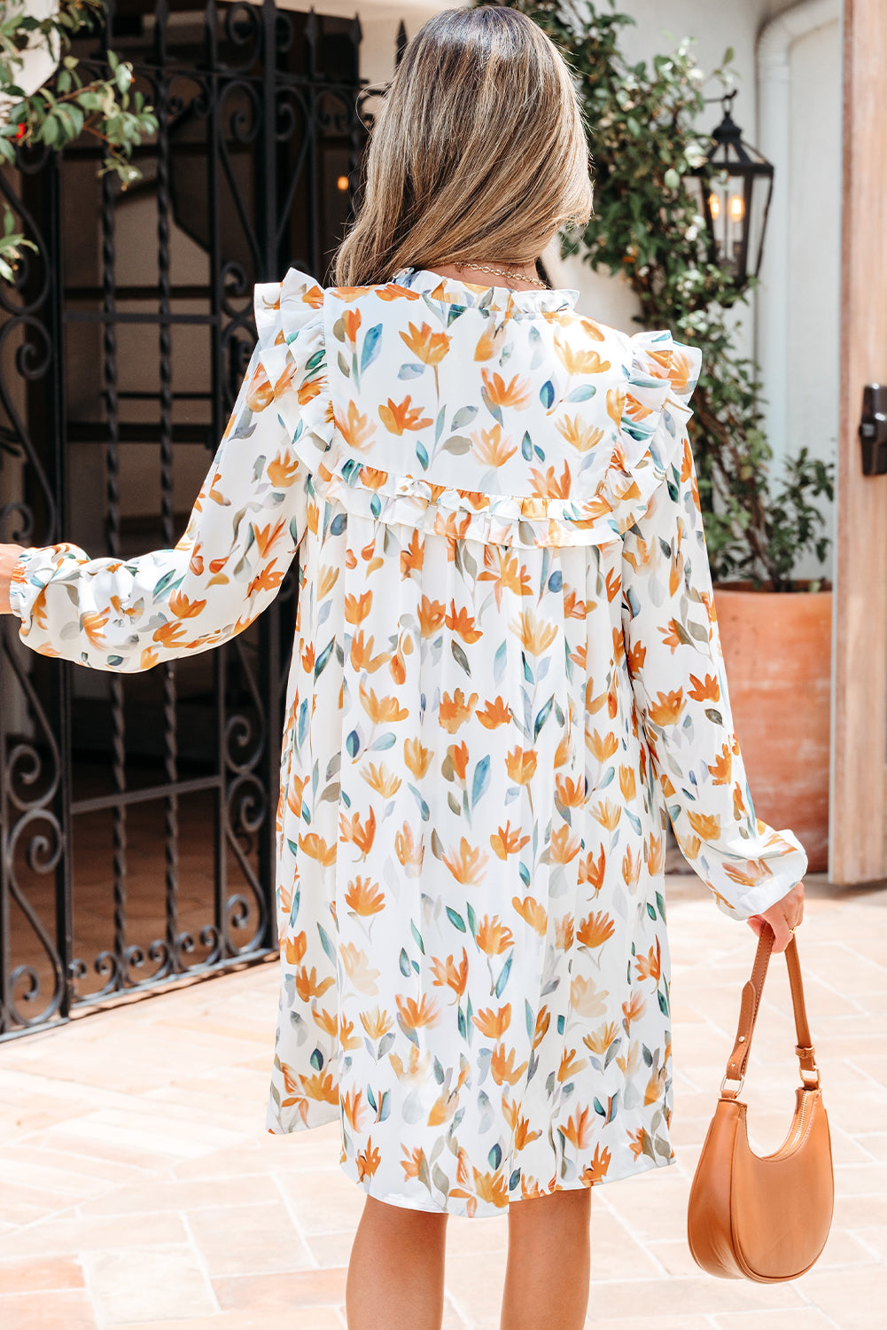 Floral-Print Frilled Tie Neck Detail Long-Sleeved Mini Dress